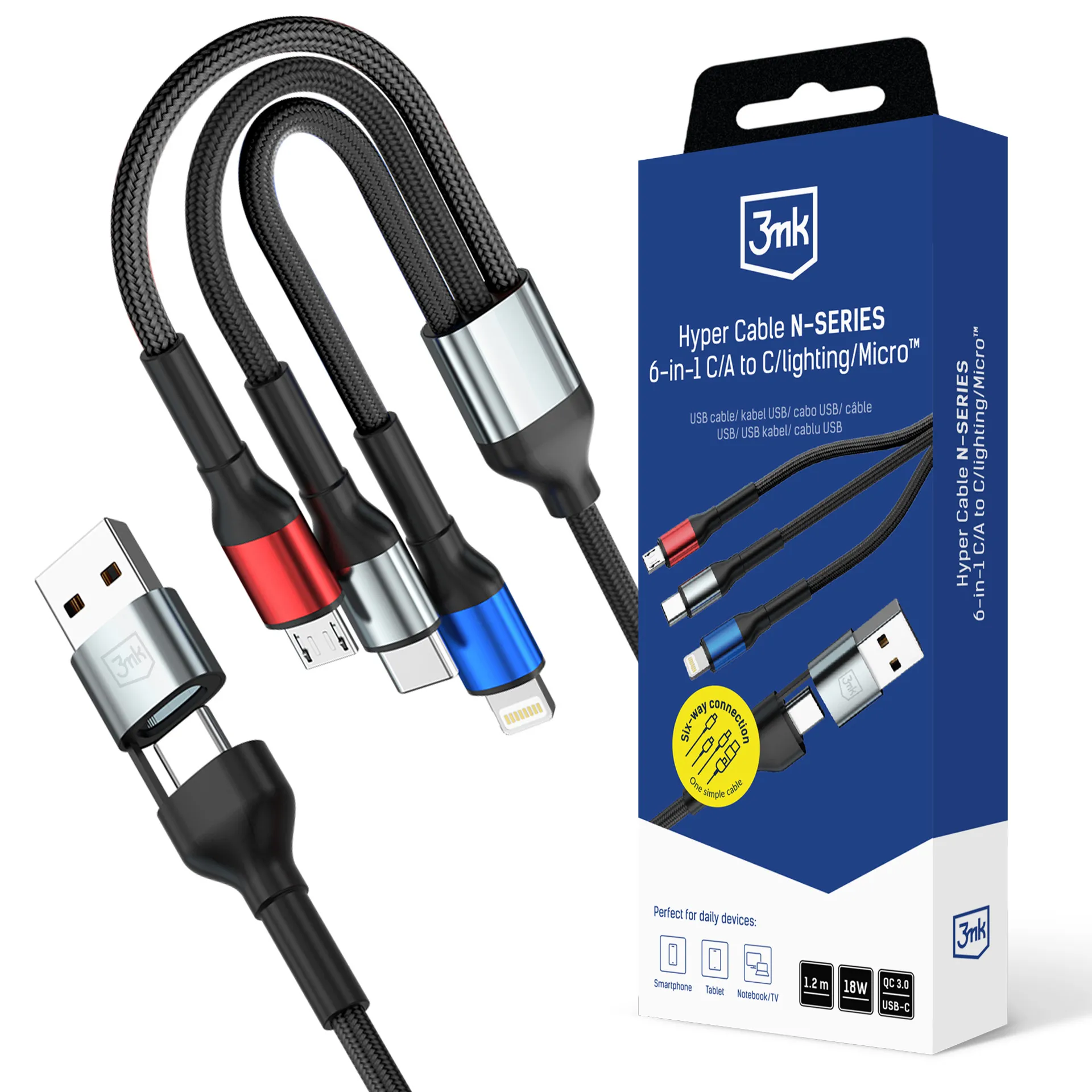 3mk Hyper Cable N-SERIES 6w1 QC3.0 9V/2A USB-C/A do USB-C/Lightning/MicroUSB 1.2m 18W Czarny