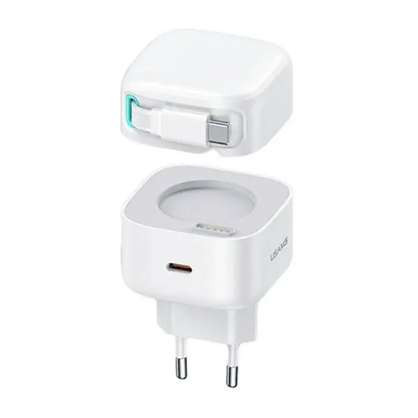USAMS CC202TC02 1xUSB-C ze zwijanym kablem Lighning PD+QC 35W Biały