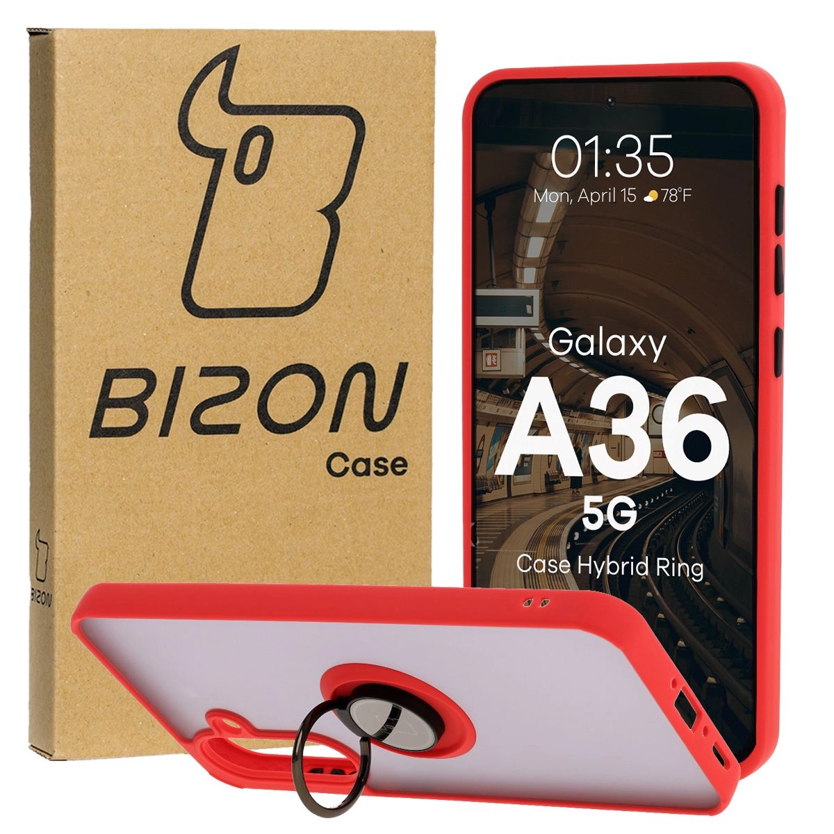 Bizon z uchwytem na palec Hybrid Ring do Galaxy A36 5G przydymione z Czerwoną ramką