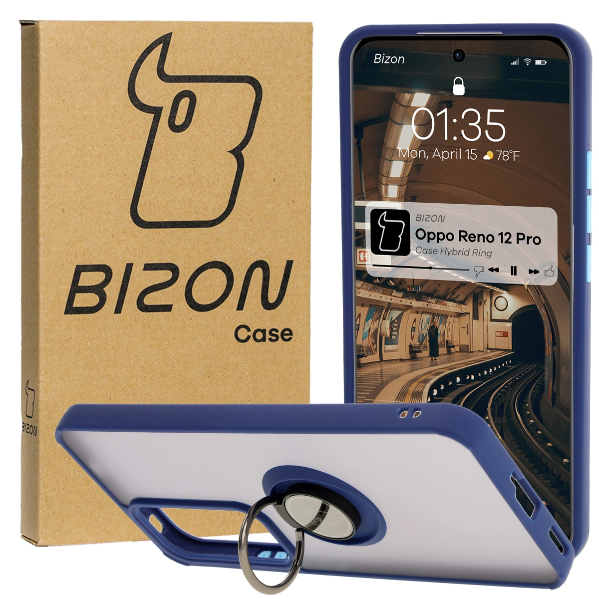 Bizon z uchwytem na palec Hybrid Ring do Oppo Reno 12 Pro przydymione z Granatową ramką