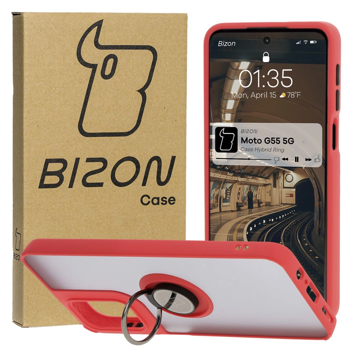 Bizon z uchwytem na palec Hybrid Ring do Motorola Moto G55 5G przydymione z Czerwoną ramką