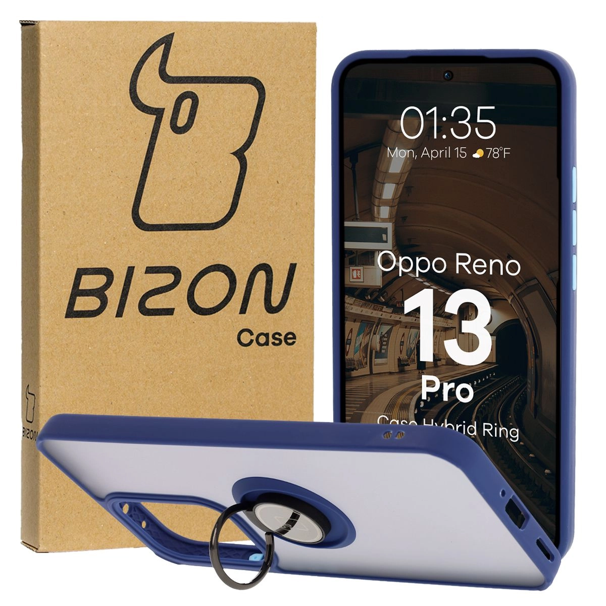 Bizon z uchwytem na palec Hybrid Ring do Oppo Reno13 Pro przydymione z Granatową ramką