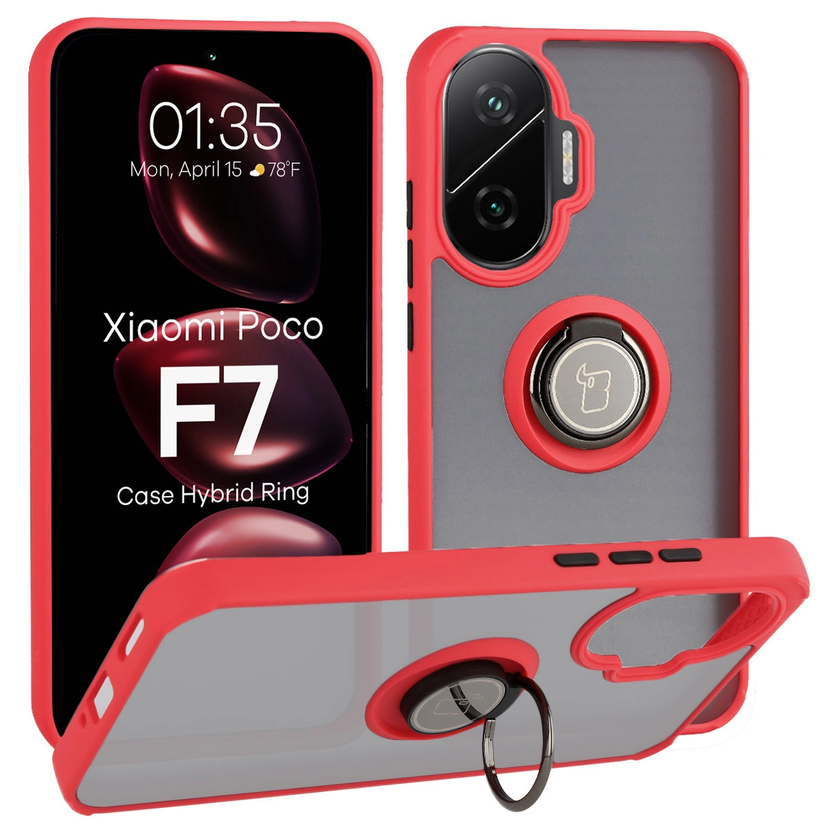 Bizon z uchwytem na palec Hybrid Ring do Xiaomi POCO F7 Przydymione z czerwoną ramką