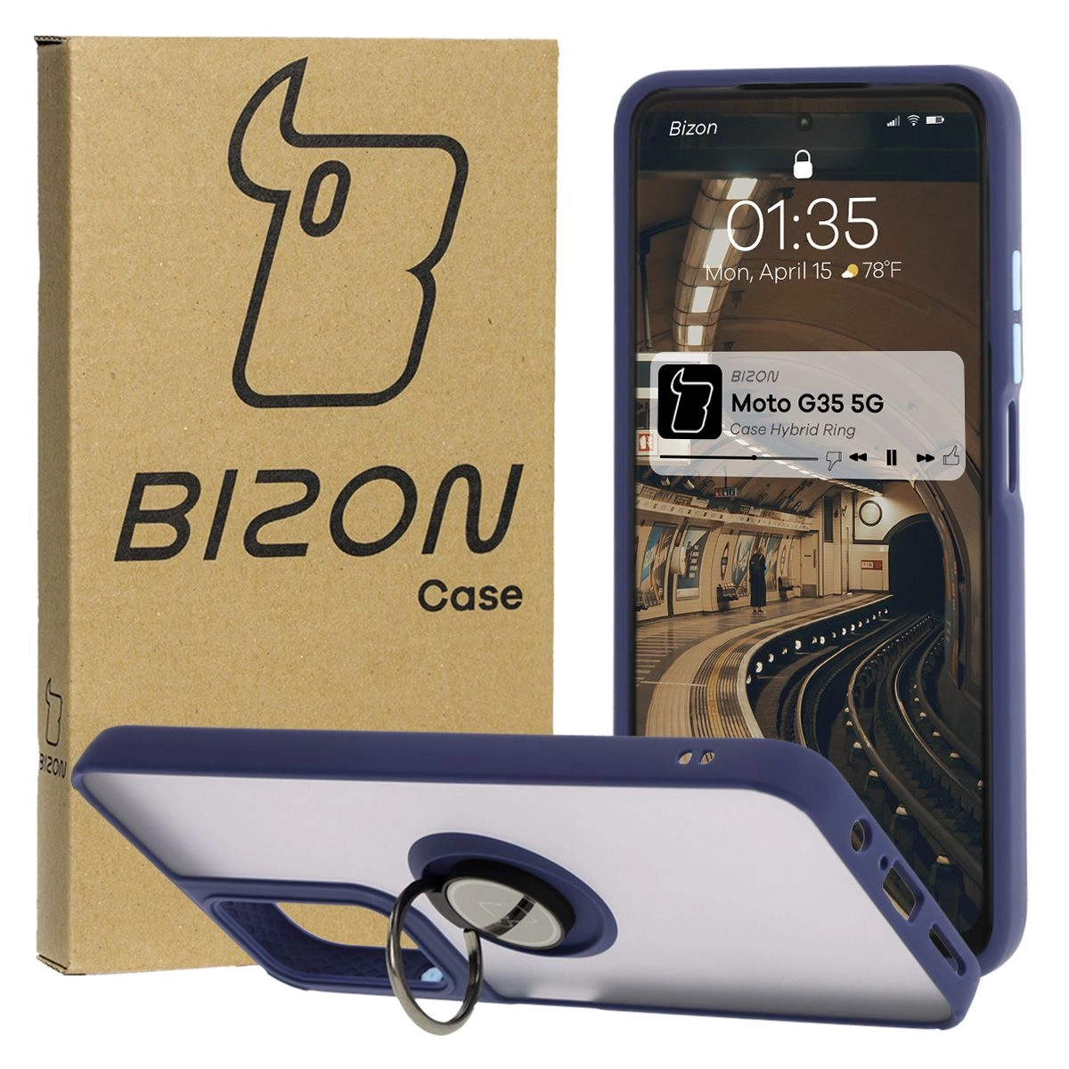Bizon z uchwytem na palec Hybrid Ring do Motorola Moto G35 5G Przydymione z granatową ramką
