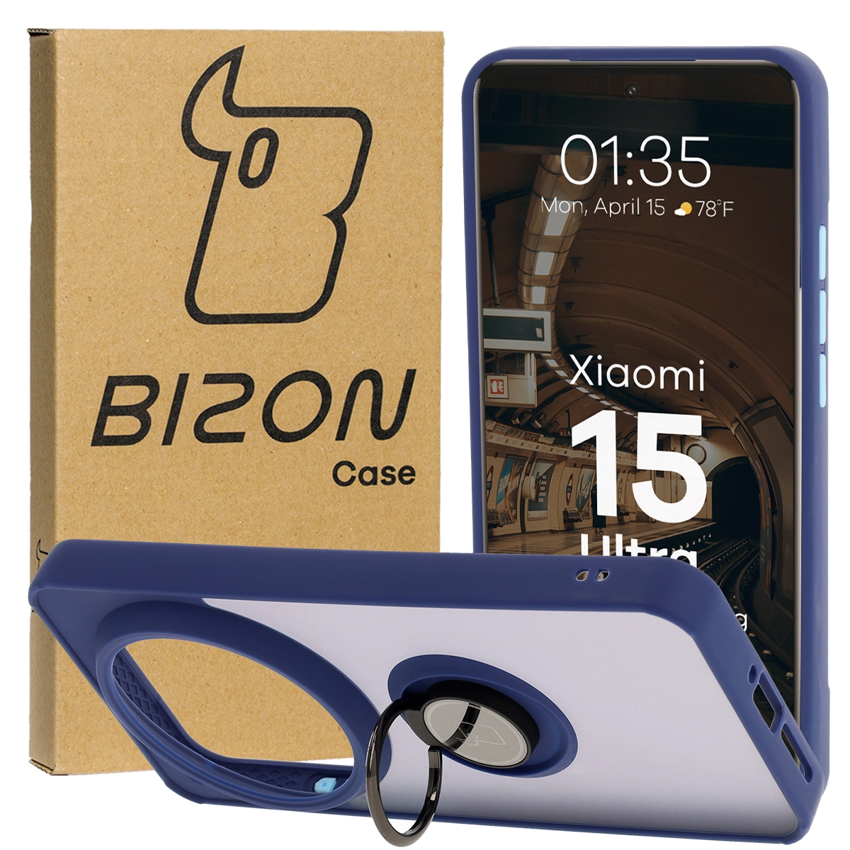 Bizon z uchwytem na palec Hybrid Ring do Xiaomi 15 Ultra przydymione z Granatową ramką