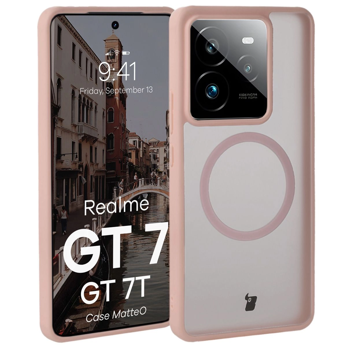 Bizon MatteO z MagSafe do Realme GT 7 / Realme GT 7T Półprzezroczyste z różową ramką