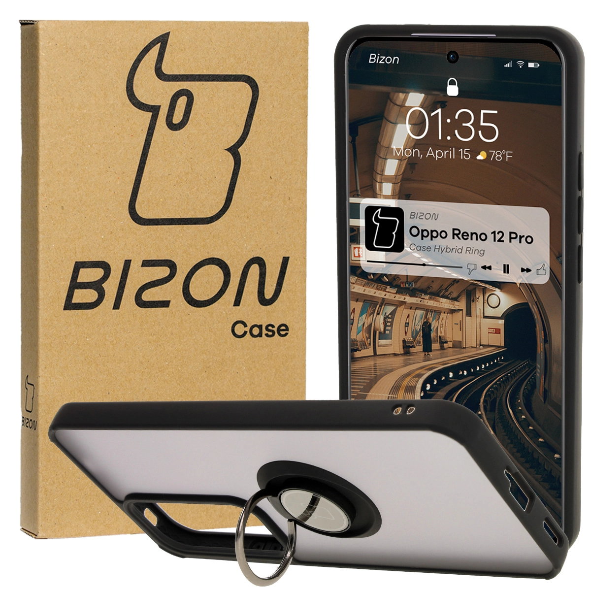 Bizon z uchwytem na palec Hybrid Ring do Oppo Reno 12 Pro Przydymione z czarną ramką