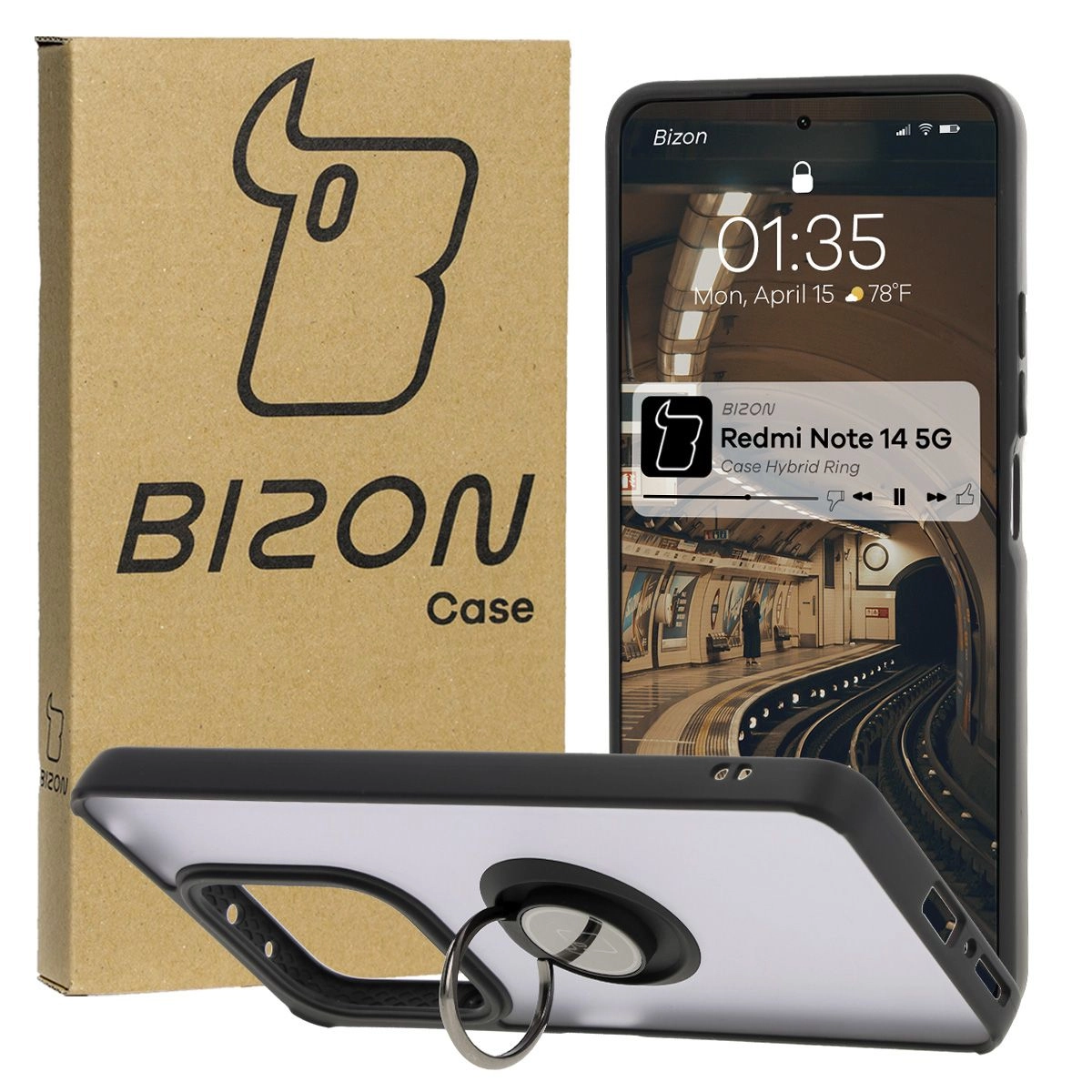 Bizon z uchwytem na palec Hybrid Ring do Xiaomi Redmi Note 14 5G Przydymione z czarną ramką