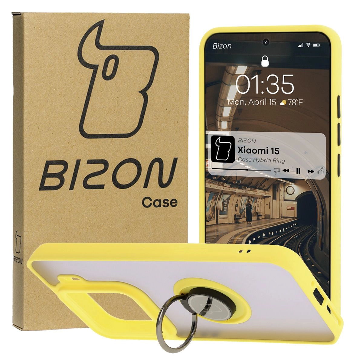 Bizon z uchwytem na palec Hybrid Ring do Xiaomi 15 Przydymione z żółtą ramką