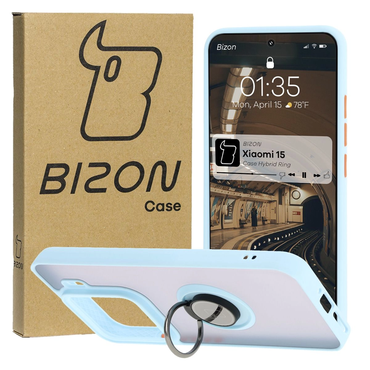 Bizon z uchwytem na palec Hybrid Ring do Xiaomi 15 Przydymione z jasnoniebieską ramką