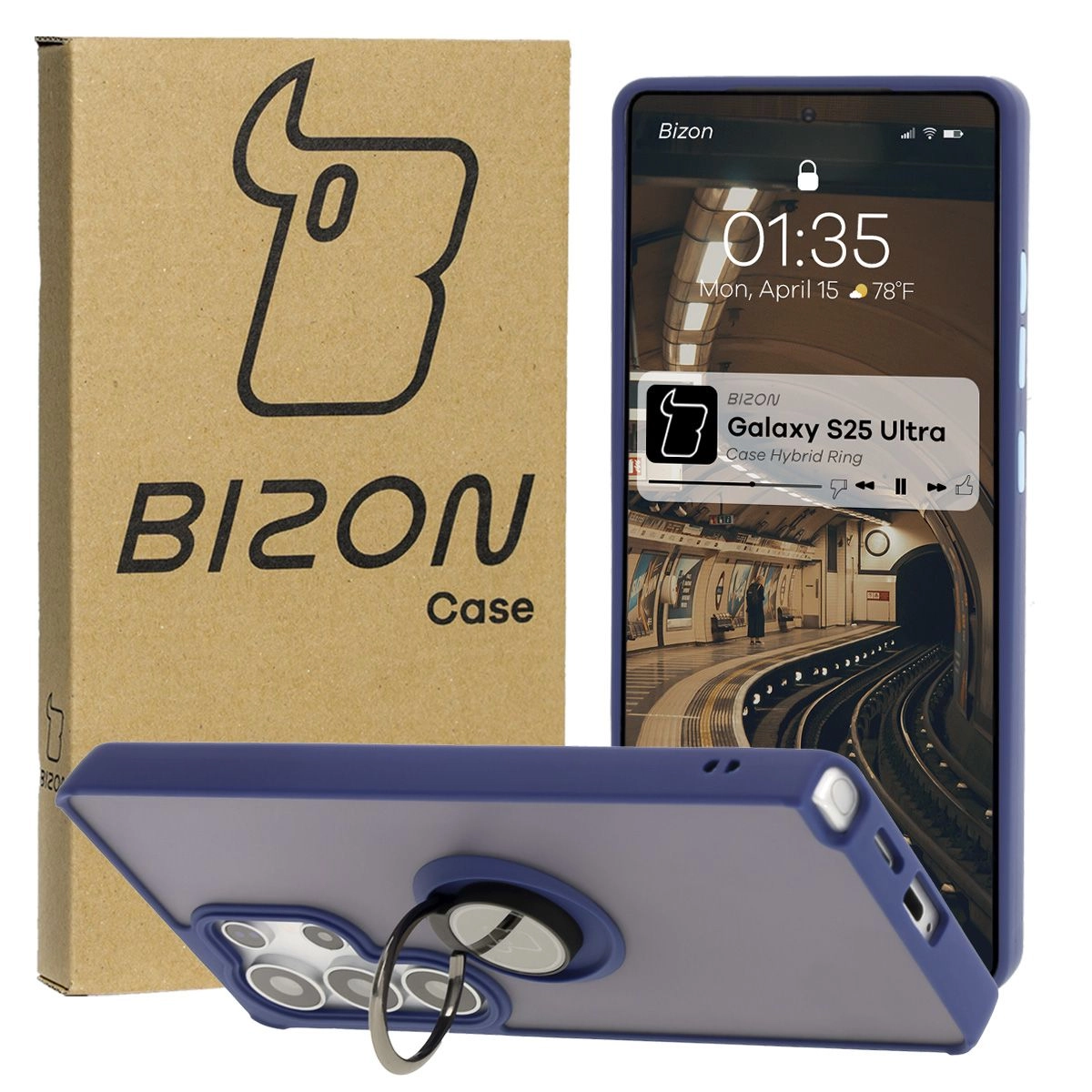 Bizon z uchwytem na palec Hybrid Ring do Galaxy S25 Ultra Przydymione z jasnoniebieską ramką