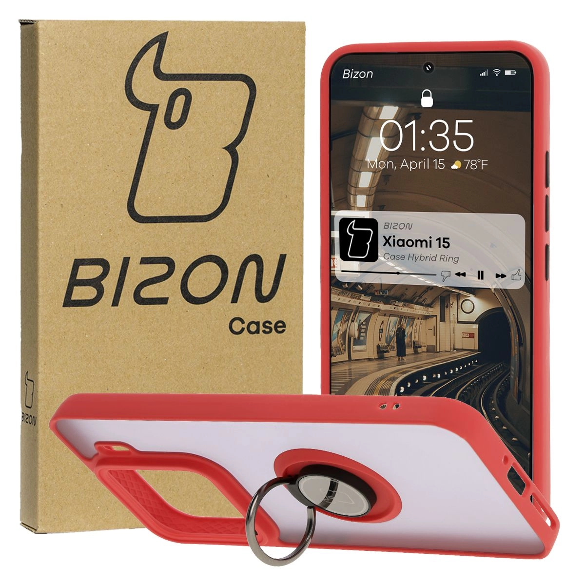 Bizon z uchwytem na palec Hybrid Ring do Xiaomi 15 Przydymione z czerwoną ramką