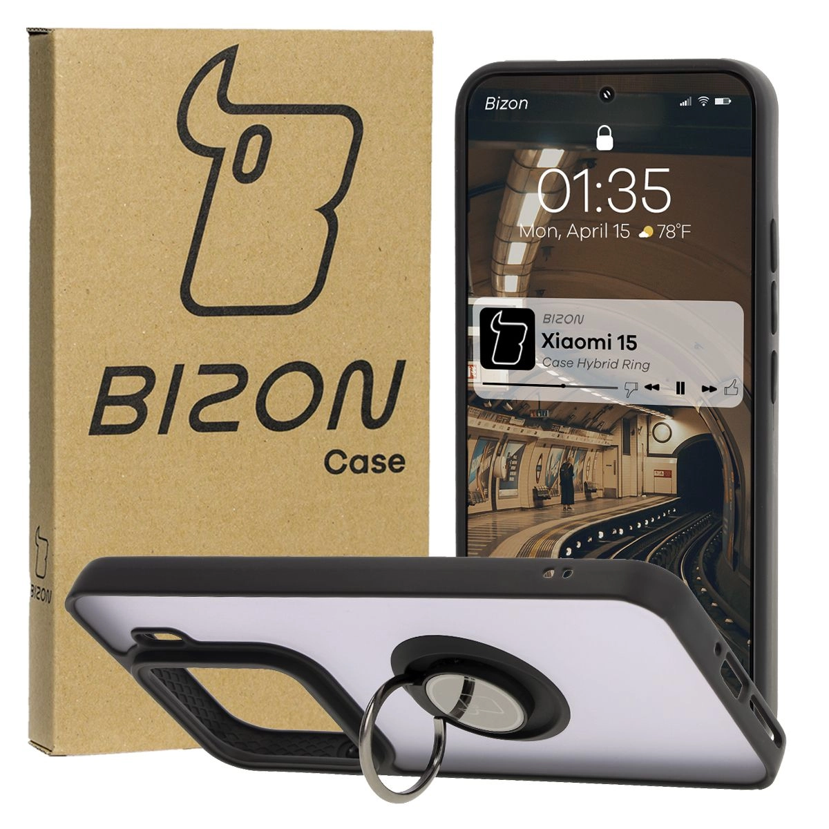 Bizon z uchwytem na palec Hybrid Ring do Xiaomi 15 Przydymione z czarną ramką