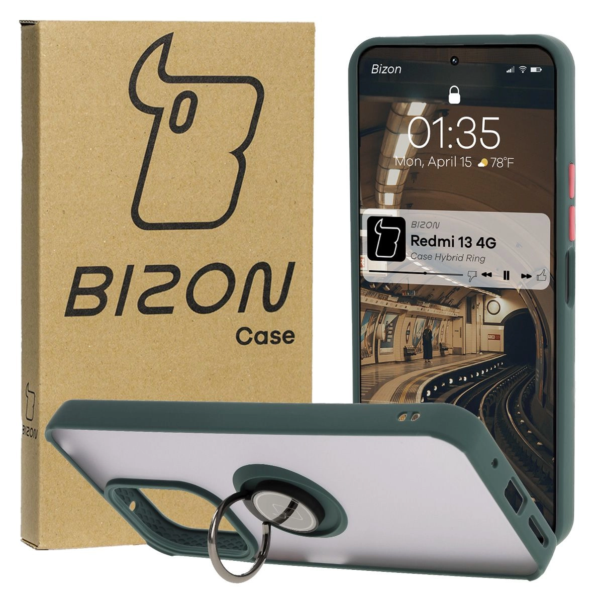 Bizon z uchwytem na palec Hybrid Ring do Xiaomi Redmi 13 4G przydymione z Ciemnozieloną ramką